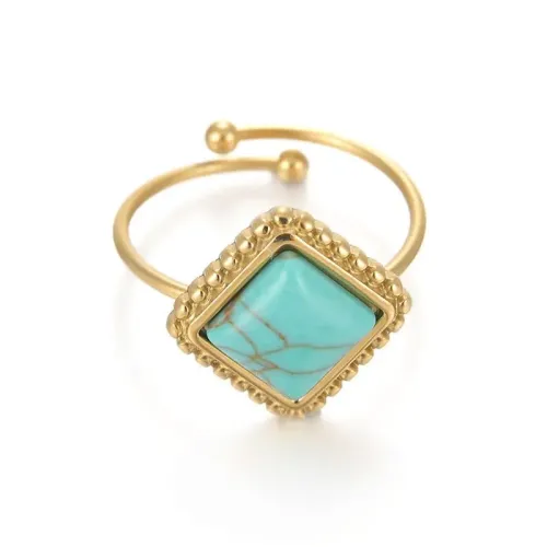 RTM2446 14K Gold Adjustable Ring with Square Blue Turquoise for Women Stainless Steel Jewelry