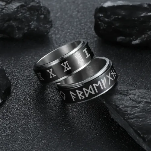 RTM1319 Nordic Rune Rotatable Ring for Stress Relief Viking Text & Roman Numerals Jewelry