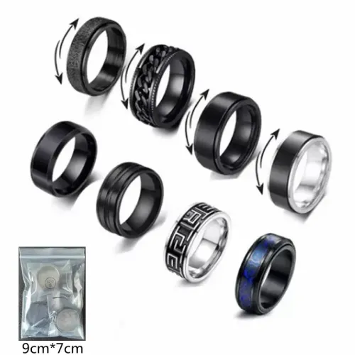 RTM1494 Men's Black Stainless Steel Ring Set Rotatable Stress Relief Jewelry