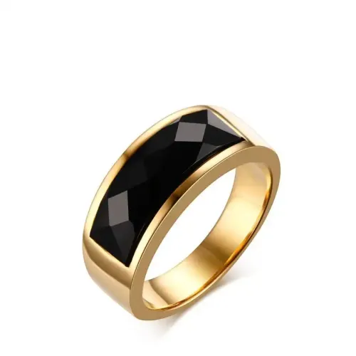 RTM18 Gold Stainless Steel Ring with Black Agate Luxury Men's Jewelry