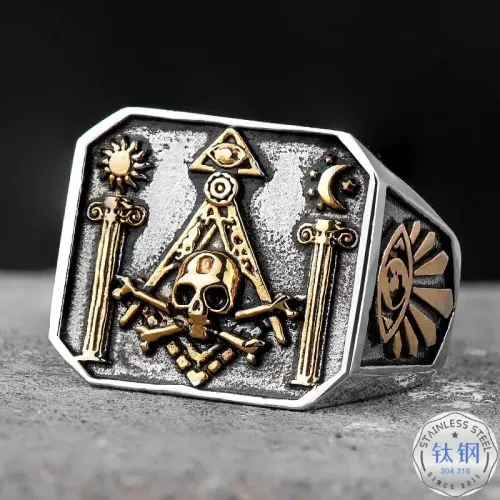 RTM2404 Masonic Skull Ring Stainless Steel Punk Style Ornament for Men