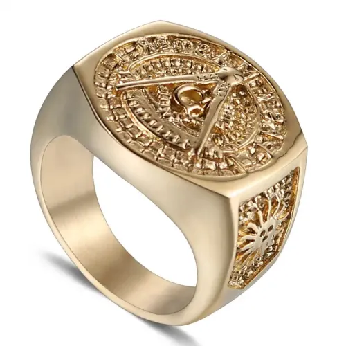 RTM487 Masonic Gold Titanium Steel Ring Men's Religious Jewelry