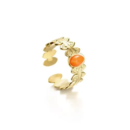 RTM2523 14K Gold-Plated Stainless Steel Amber Stone Ring Adjustable & Non-Tarnish Women's Jewelry