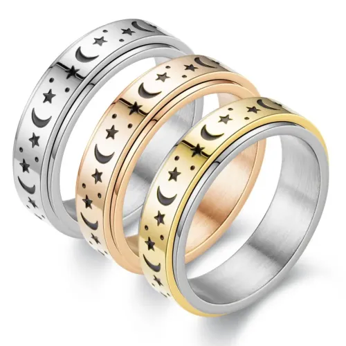RTM2807 Star and Moon Revolving Ring Corrosion-Resistant Oiled Couple Jewelry