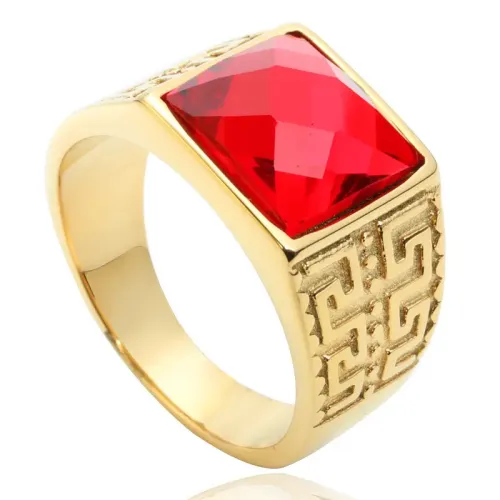 RTM2041 Stainless Steel Ruby Ring with Great Wall Pattern Gemstone Men's Jewelry