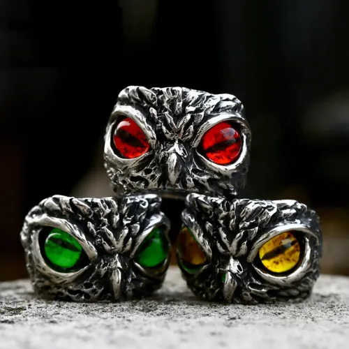 RTM2360 Men's Stainless Steel Owl Ring with Devil Eye Design Unique Jewelry