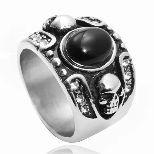 RTM2070 Elegant Black Gemstone Ring Stainless Steel Fashion Accessory for Men & Women