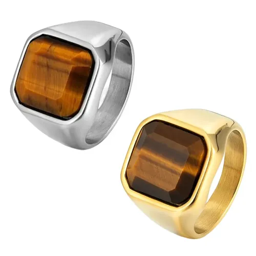 RTM2215 Men's Tiger Eye Gold Stainless Steel Ring Natural Stone Gemstone Band