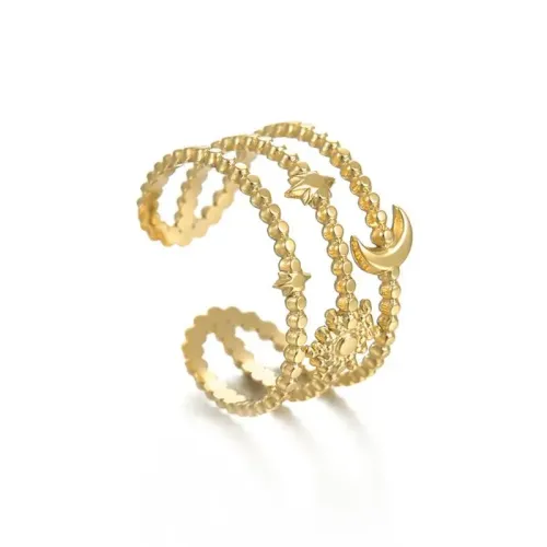 RTM2493 14K Gold Sun & Moon Adjustable Ring Women's Stainless Steel Hollow Dot Jewelry
