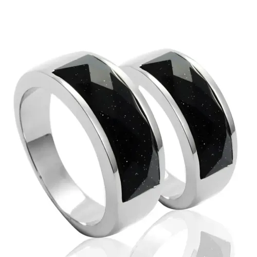 RTM1500 Black Gemstone Stainless Steel Couple Rings Elegant Jewelry Design