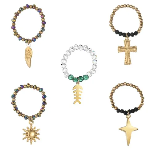 RTM2587 Elastic Bead Ring with Geometric Stainless Steel Pendant for Women