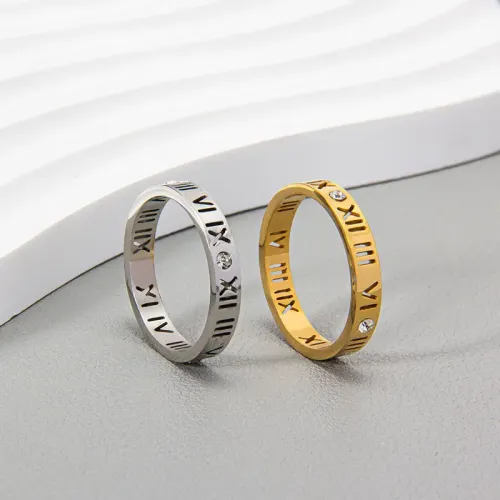 RTM1260 Luxury Gold Stainless Steel Ring with Diamonds & Roman Numerals Perfect for Couples