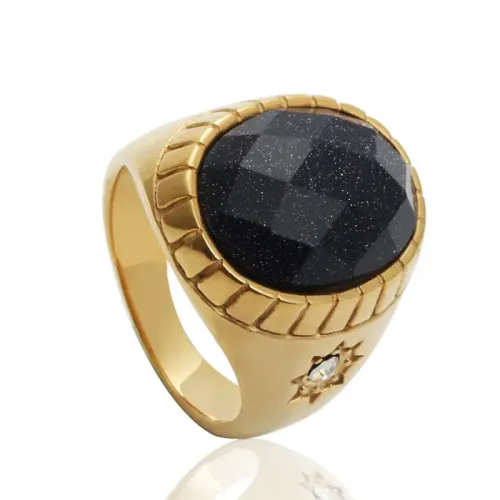 RTM2086 Elegant Black Sapphire Ring with Purple Sand Glass Stainless Steel Band