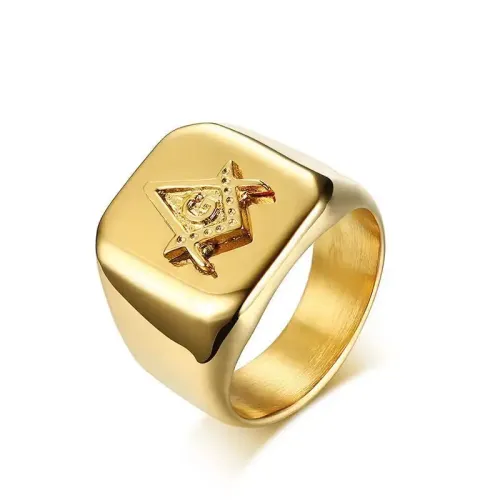 RTM3 Gold Stainless Steel Masonic Ring Men's Freemason Band Jewelry