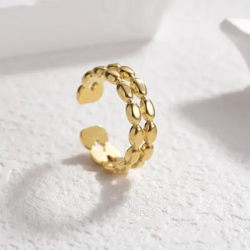 RTM2502 18K Gold Plated Double Layer Oval Bean Ring Women's Stainless Steel Open Band