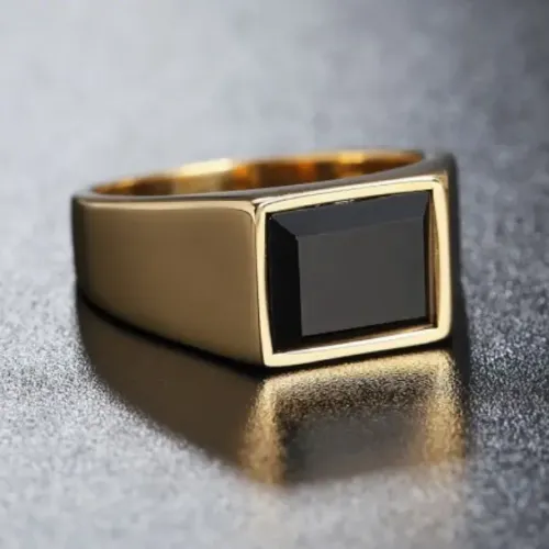 RTM2055 Elegant Stainless Steel Square Black Gemstone Ring Sophisticated Jewelry