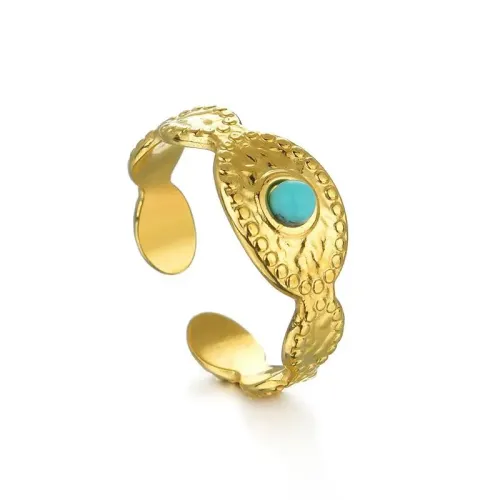 RTM2595 14K Gold Adjustable Ring for Women Blue Turquoise & Stainless Steel Jewelry