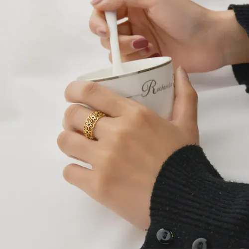 RTM2434 14K Sunflower Diamond Open Ring Adjustable Stainless Steel for Women