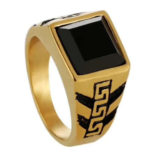 RTM2135 Black Onyx Square Gemstone Ring Punk Stainless Steel with Great Wall Pattern
