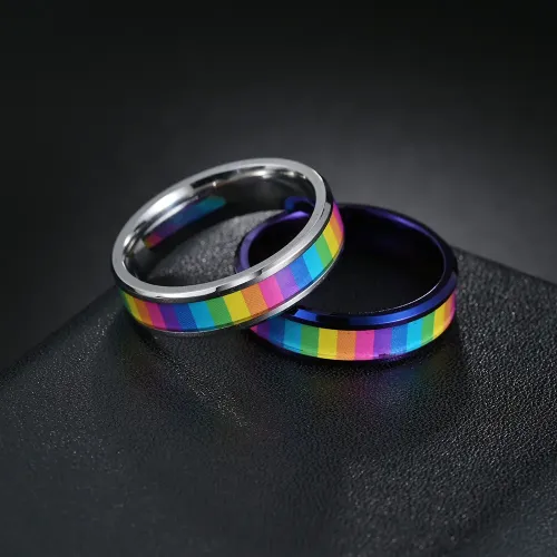RTM1245 Stainless Steel Rainbow Flag Ring LGBTQ+ Pride Jewelry for Gay & Lesbian