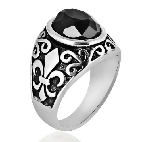 RTM2124 High-Quality Black Agate Stainless Steel Ring Punk Flower Design