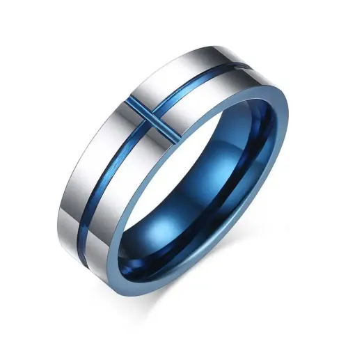 RTM44 Blue Groove Cross Ring 6mm Men's Tungsten Steel Band Jewelry