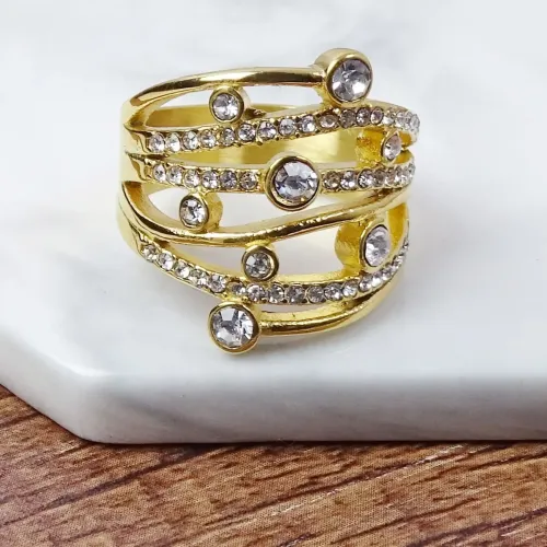 RTM268 Golden Diamond Geometric Ring Women's Stainless Steel Sparkle Jewelry