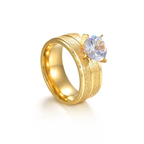 RTM1196 8MM Gold Electroplated Stainless Steel Ring with Four-Prong Zircon for Women
