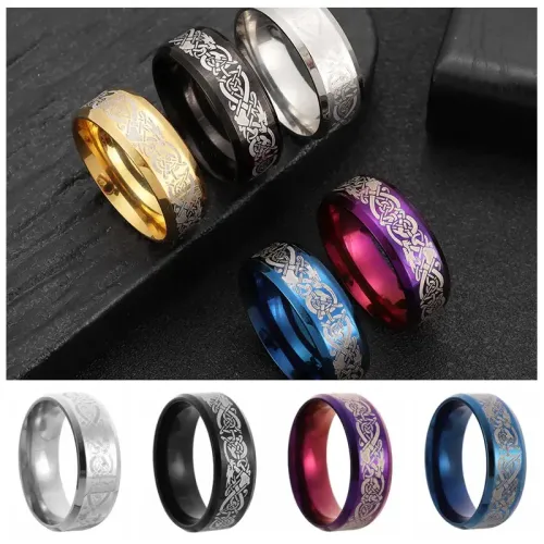 RTM1175 8MM Stainless Steel Ring for Men Laser-Engraved Dragon Design Accessories
