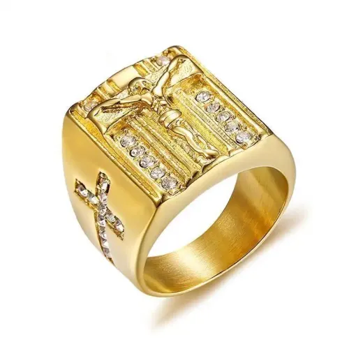 RTM31 Gold Rhinestone Cross Ring Men's Titanium Stainless Steel Jewelry