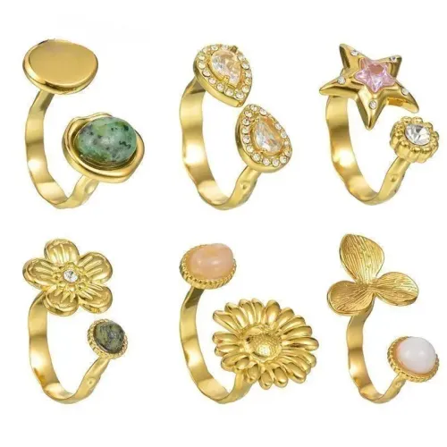 RTM2442 Zircon Pentagram Open S Ring Chic Stainless Steel Magic Symbol Band