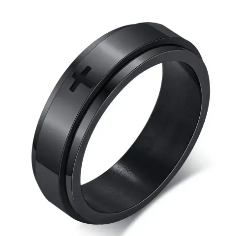 RTM22 Black Stainless Steel Cross Ring Men's Rotating Laser-Cut Headwear