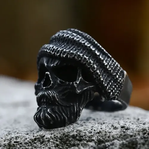 RTM2363 Stainless Steel Bearded Skull Ring with Hat for Men Biker Style Jewelry