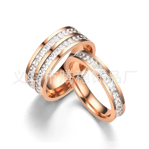 RTM2842 New Couple's Square Diamond Rings Single & Double Row Tail Bands Pair