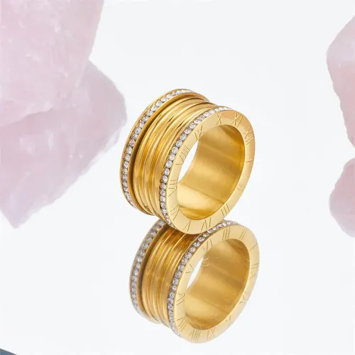 RTM2193 Elegant Double Row Diamond Gold & Stainless Steel Ring with Roman Numerals for Women