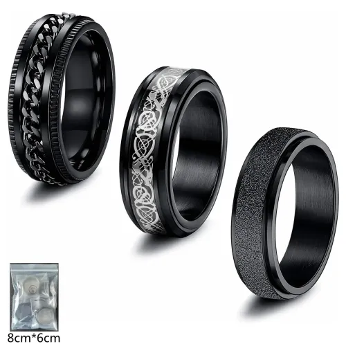 RTM1459 Black Stainless Steel Ring 3-Piece Set Stress Relief Jewelry for Men