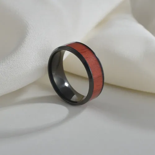 RTM1322 Men's Black Plated 8MM Stainless Steel Ring with Mahogany Grain Design