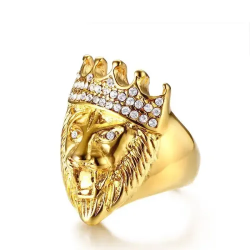 RTM91 Gold Lion Head Ring with Rhinestones Punk Men's Stainless Steel Jewelry