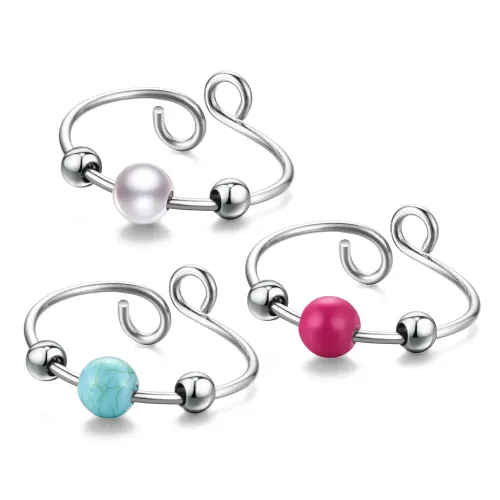 RTM2718 Stainless Steel Twist Pearl Turquoise Ball Ring Anti-Anxiety Live Mouth Design