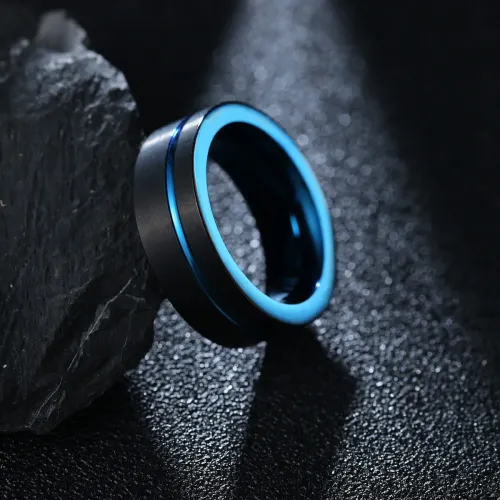 RTM1465 8MM Black & Blue Tungsten Steel Men's Ring Electroplated Jewelry Accessory