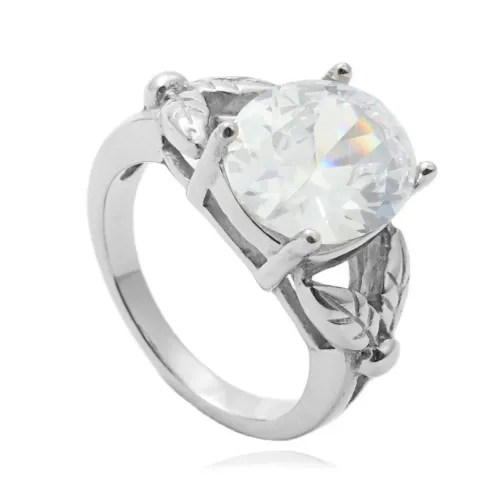 RTM1710 Punk Leaf Gemstone Ring Stainless Steel with Flash Diamond Accent