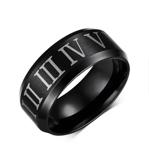 RTM32 Men's Black Titanium Steel Ring Roman Numeral Jewelry for Him