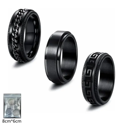 RTM1448 Men's Black Stainless Steel Ring Set 3-Piece Rotatable Stress Relief Bands