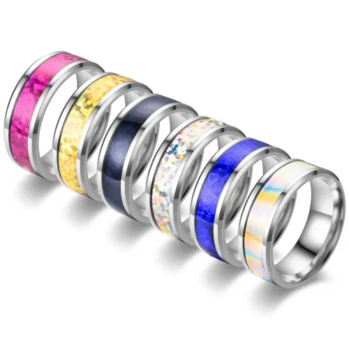 RTM2776 Stylish Bevel Edge Epoxy Ring with Seven Color Patch Modern & Vibrant Accessory