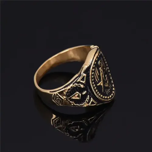 RTM279 Gold-Plated Masonic AG Logo Ring Men's Stainless Steel Religious Jewelry
