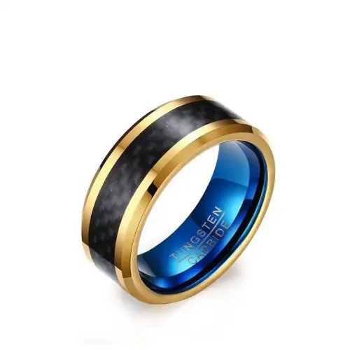 RTM121 8MM Gold Blue Tungsten Steel Ring Carbon Fiber Men's Jewelry