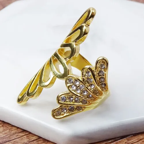 RTM398 18K Gold Leaf Diamond Ring Women's Geometric Titanium Stainless Steel Jewelry