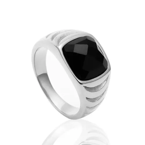 RTM2080 Elegant Black Sapphire Ring Stainless Steel with Water Ripple Design