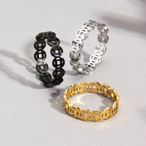 RTM1225 Wealth-Attracting Copper Coin-Shaped Stainless Steel Couple's Ring