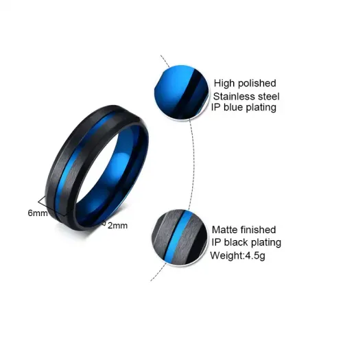 RTM129 6MM Black Blue Brushed Stainless Steel Men's Ring Modern Jewelry
